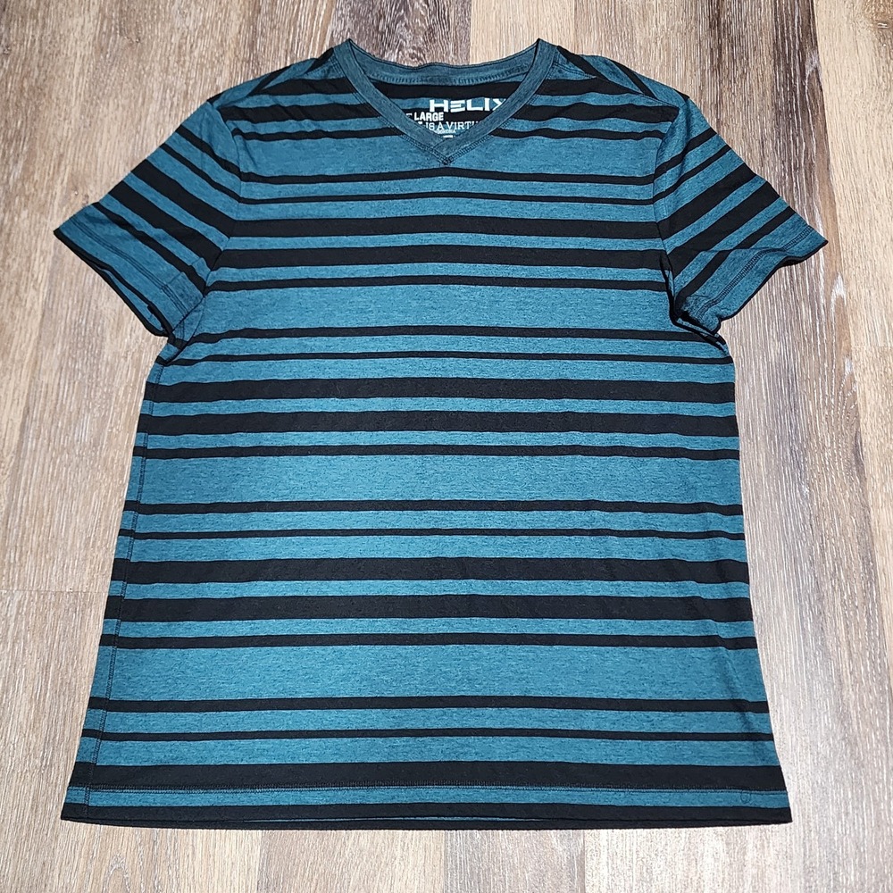 Helix Teal V Neck T Shirt Large Gothic Grunge Cyber Y2K Striped